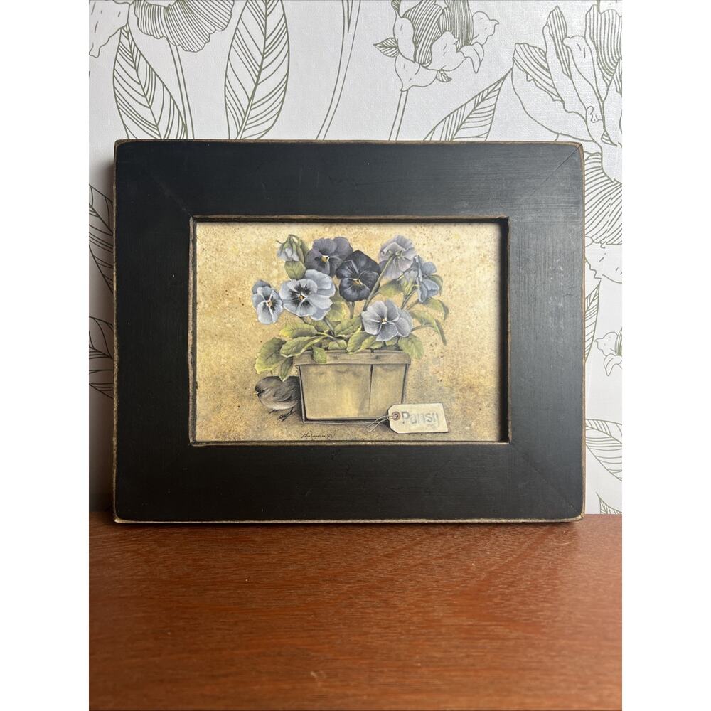 Ruth Lorentzlen Folk Art Pansy Bird Print, Framed & Signed Cottagecore